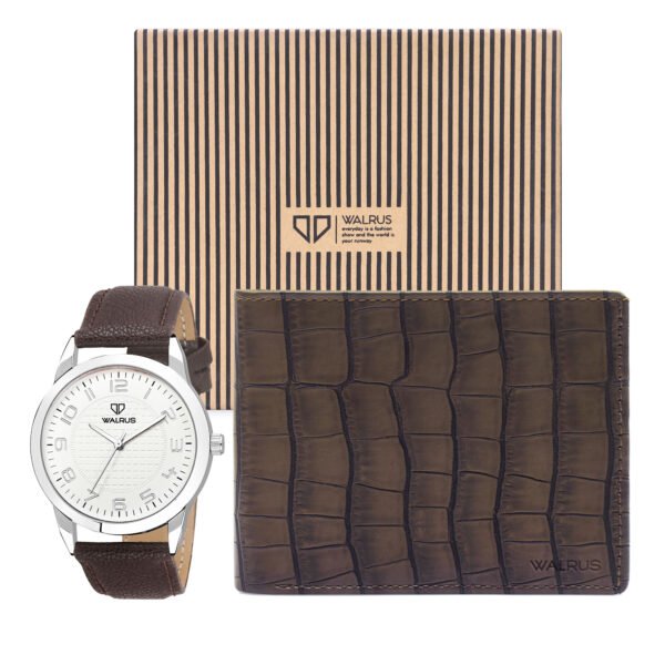 Walrus Combo Set Of Analogue White dial Watch With Vegan Leather strap And Black Vegan Leather Wallet For Men