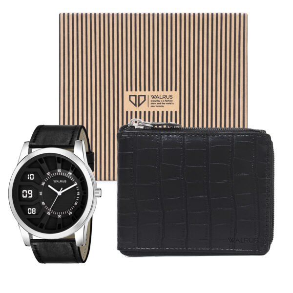 Walrus Combo Set Of Analogue Black dial Watch With Vegan Leather strap And Black Vegan Leather Wallet With Zip Closure For Men