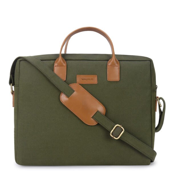 Walrus Canvas Series Green Canvas Fabric Laptop Messenger Bag | 15 Inches | Unisex Handmade with Outer Zip Pocket- Shoulder Strap- Perfect for Professional & Casual Laptop Office Bag for Men & Women