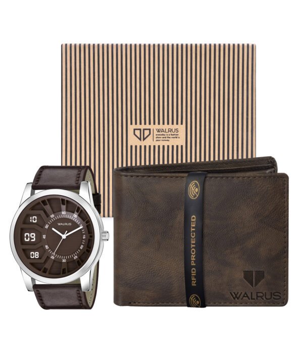 Walrus Combo Set Of Analogue Brown dial Watch With Vegan Leather strap And Brown Vegan Leather Wallet For Men