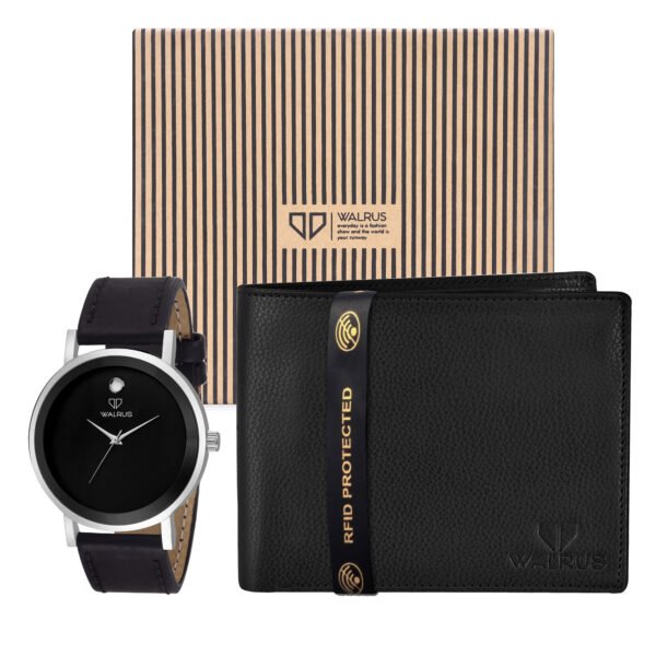 Walrus Combo Set Of Analogue Black dial Watch With Vegan Leather strap And Black Vegan Leather Wallet For Men