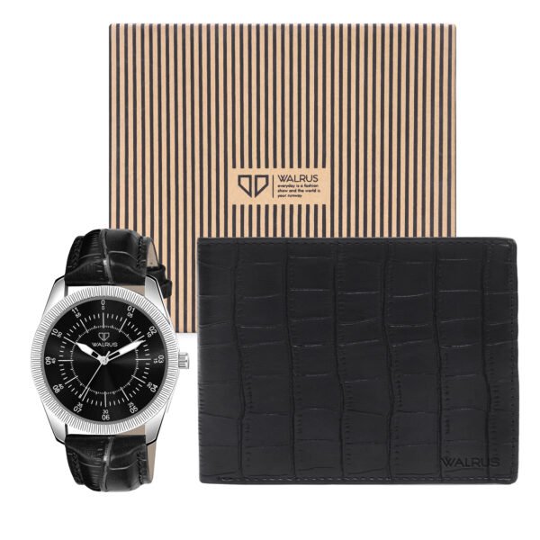 Walrus Combo Set Of Analogue Black dial Watch With Vegan Leather strap And Black Vegan Leather Wallet For Men