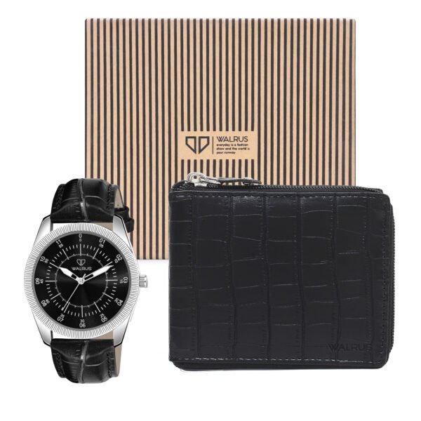 Walrus Combo Set Of Analogue Black dial Watch With Vegan Leather strap And Black Vegan Leather Wallet For Men