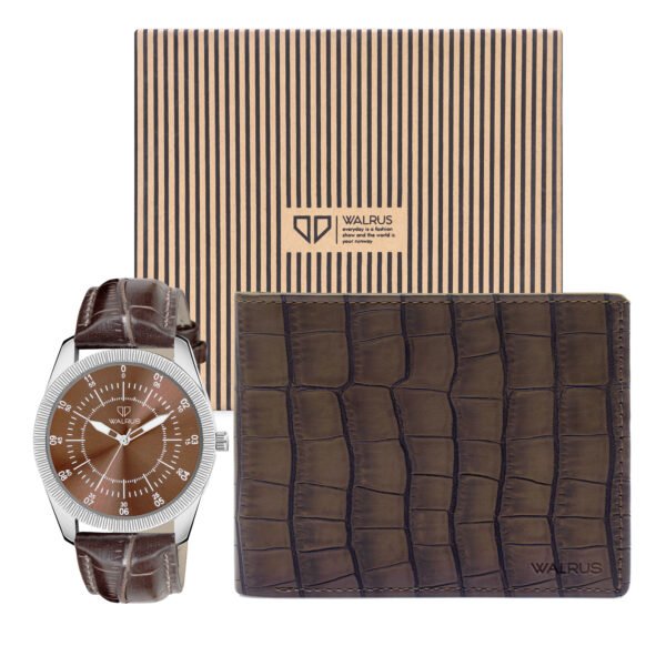 Walrus Combo Set Of Analogue Brown dial Watch With Vegan Leather strap And Brown Vegan Leather Wallet For Men