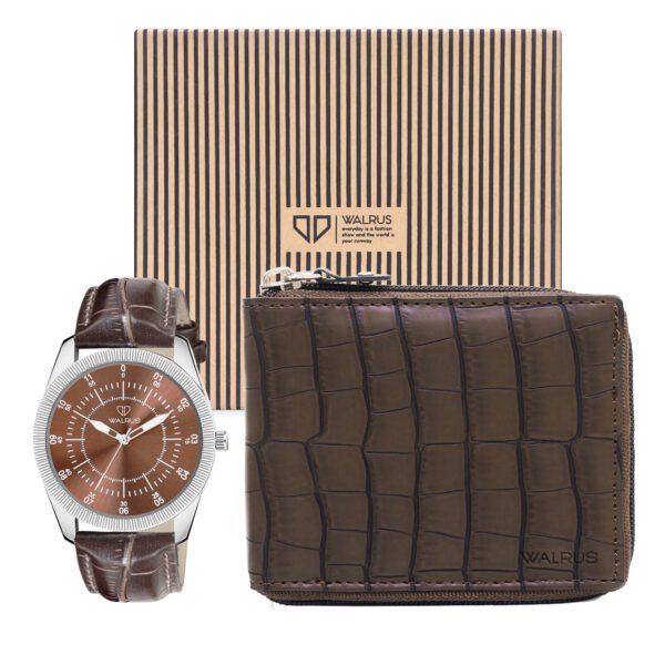 Walrus Combo Set Of Analogue Brown dial Watch With Vegan Leather strap And Brown Vegan Leather Wallet For Men