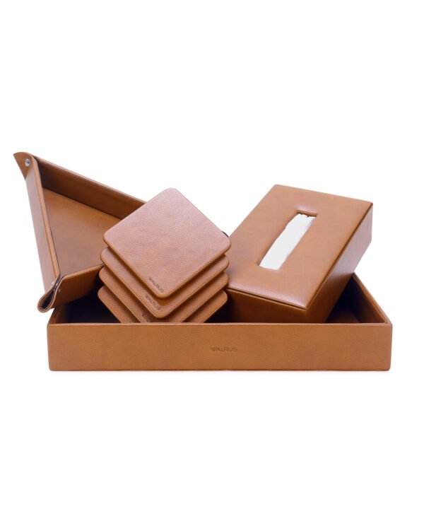 Walrus Premium Combo – Faux Leather Tray Organizer, Wooden Tissue Box & Coaster Set | Desk Organizer for Office/Home | Multipurpose Storage & Dining Table Accessories (Set of 4)