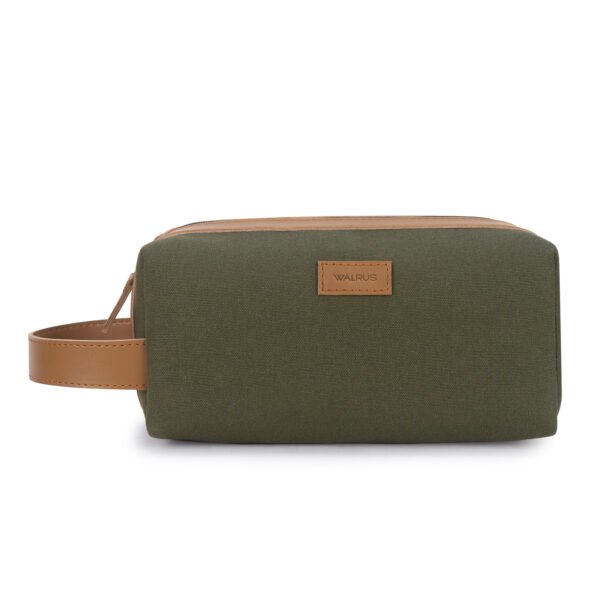 Walrus Canvas Vegan Leather Toiletry Bag Unisex, Travel Pouch for Toiletries Shaving Kit & Cosmetics, Water Resistance for Travel Accessories, Organizer Travel Pouch for MakeUp, Green & Brown