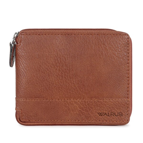 Walrus Roady II Brown Zip Wallet – Vegan Leather, 2 Currency Pockets, Coin Flap, 4 Card Slots, Hidden Pockets, Slim & Stylish Wallet for Men
