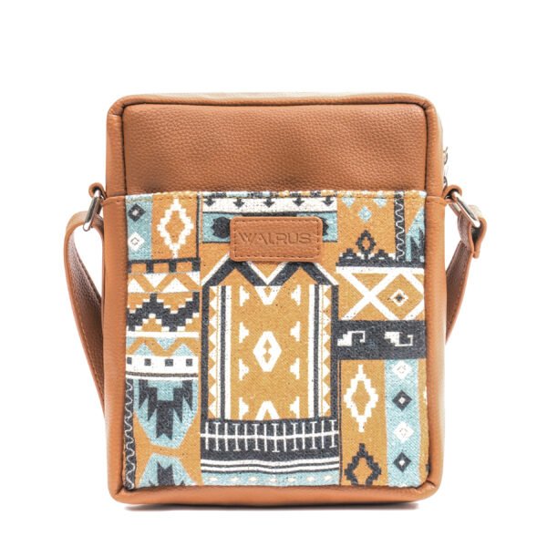 Walrus Art Series Vegan Leather & Fabric Side Bag for Men & Women | Aztec Print Crossbody Sling | 1 Main Compartment, 1 Zip Pockets & 1 Outer open pocket| Unisex Travel & Daily Use Shoulder Bag