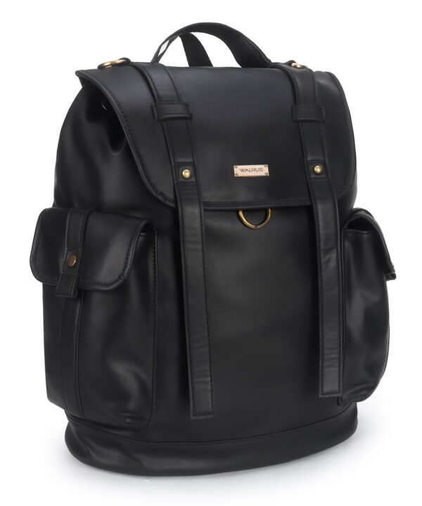 Walrus Wanderlust Black Vegan Leather BackPack Bag – Magnetic Flap Closure, 1 Main Compartment, Organizer Pockets, Stylish Work