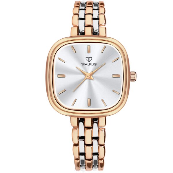 Walrus Elegant Square Silver Dial Rose Gold and Silver Strap Women’s Watch – Stainless Steel Chain – Quartz Movement – Stylish Daily Use