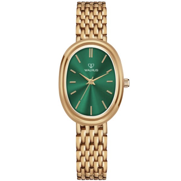 Walrus Women's Watch with Green Oval Dial & Gold Strap – Elegant Analog Quartz Timepiece