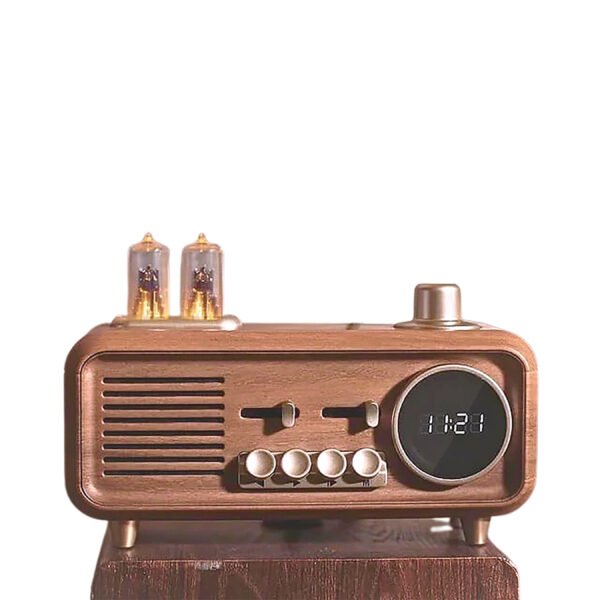 Walrus Newton Series Wooden Portable Bluetooth Speaker with Retro Design, Digital Clock Display, Hi-Fi Sound, USB/TF Card/FM Support, Rechargeable, Compact Size – Brown