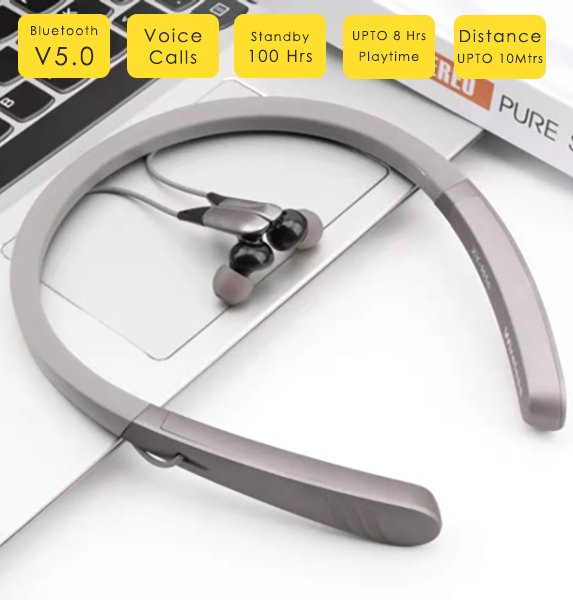 Walrus Boomrange Neckband Bluetooth V5.0 | 8 Hrs Playtime | Voice Call Support | Gym, Travel, Office Use | 8m Range | Grey Color