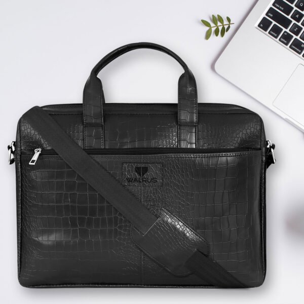Walrus Croco Series Black Synthetic Leather 15.6 Inch Laptop Messenger Bag With Laptop Compartment