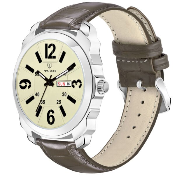 Walrus White Dial Analog Day Date Function Leather Strap Wrist Watch For Men