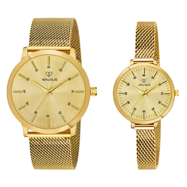 Walrus Gold Dial Analog Brass Chain Wrist Watch For Couple With PUSH Button Lock