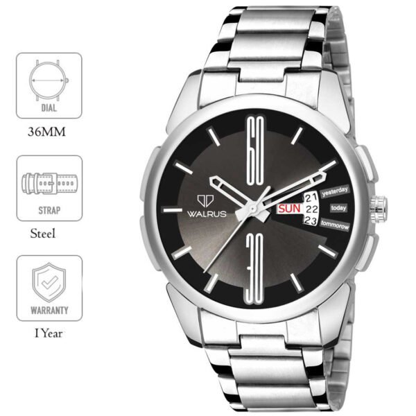 Walrus Black Dial Analog Day Date Function Metal Chain Wrist Watch For Men With PUSH Button Lock