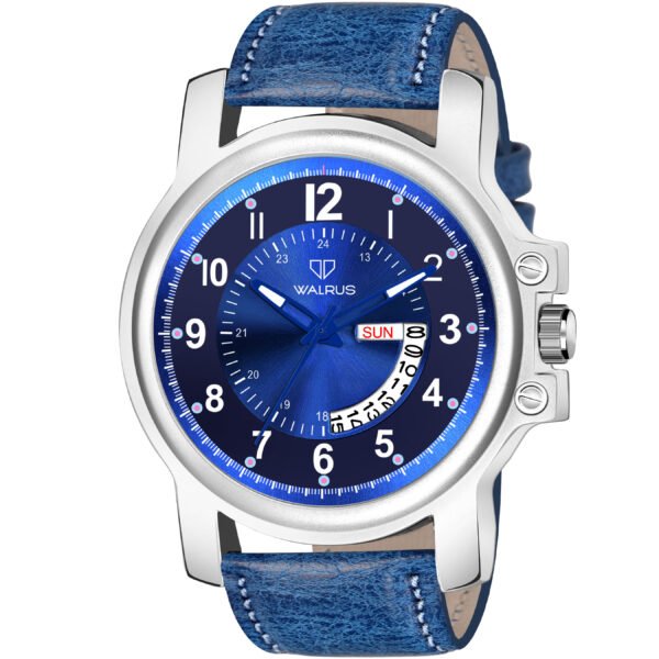 Walrus Blue Dial Analog Day Date Function Leather Strap Wrist Watch For Men