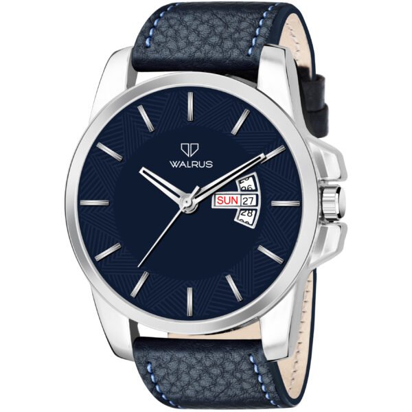 Walrus Blue Dial Analog Day Date Function Leather Strap Wrist Watch For Men