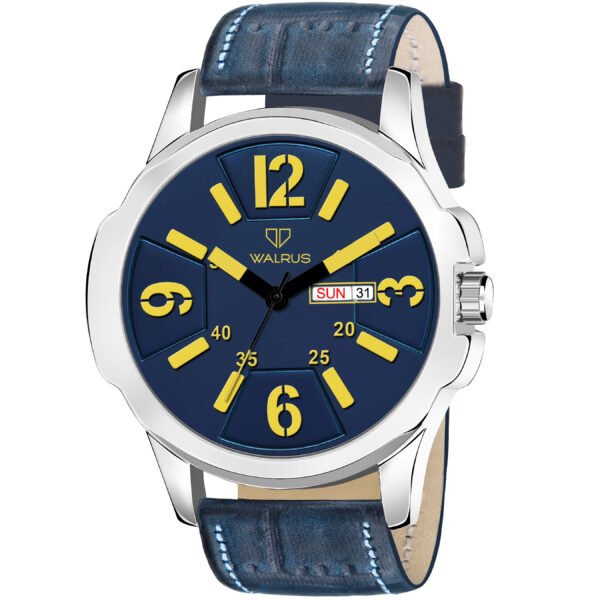 Walrus Blue Dial Analog Day Date Function Leather Strap Wrist Watch For Men