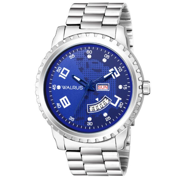Walrus Blue Dial Analog Day Date Function Metal Chain Wrist Watch For Men