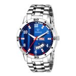 Walrus Blue Dial Analog Day Date Function Metal Chain Wrist Watch For Men With PUSH Button Lock