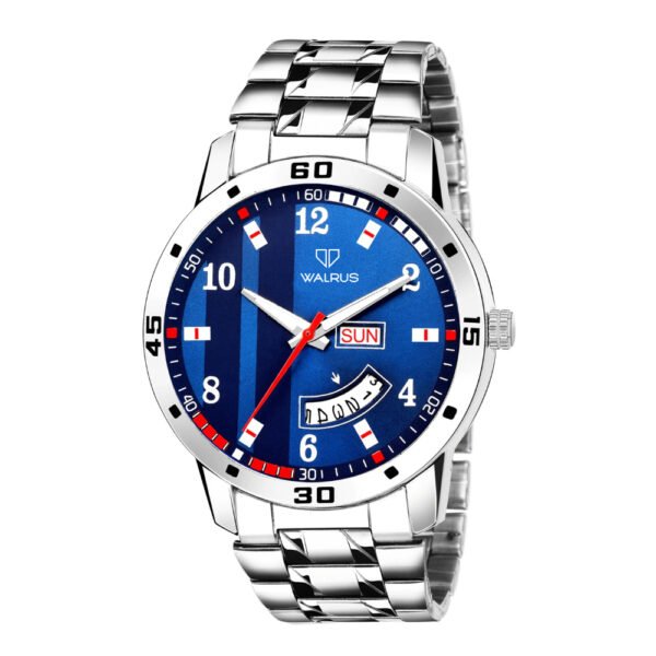 Walrus Blue Dial Analog Day Date Function Metal Chain Wrist Watch For Men With PUSH Button Lock