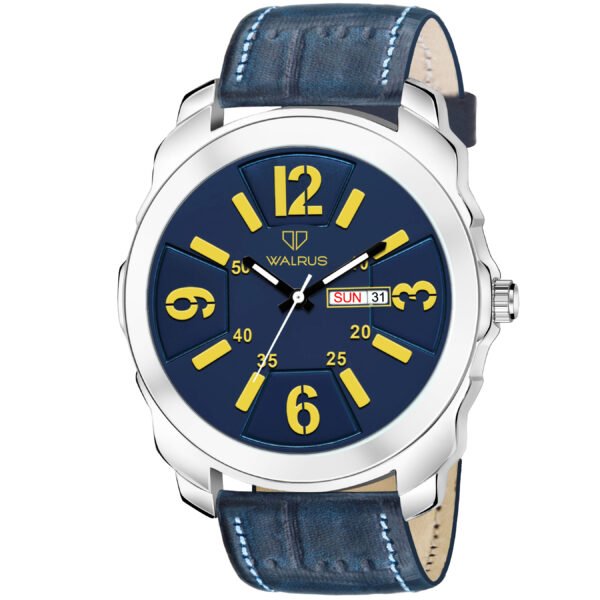 Walrus Blue Dial Analog Day Date Function Leather Strap Wrist Watch For Men