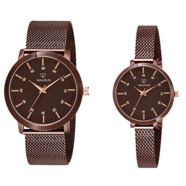 Walrus Brown Dial Analog Brass Chain Wrist Watch For Couple With PUSH Button Lock