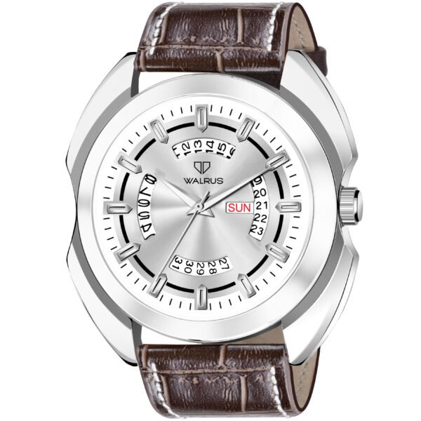 Walrus Silver Dial Analog Day Date Function Leather Strap Wrist Watch For Men