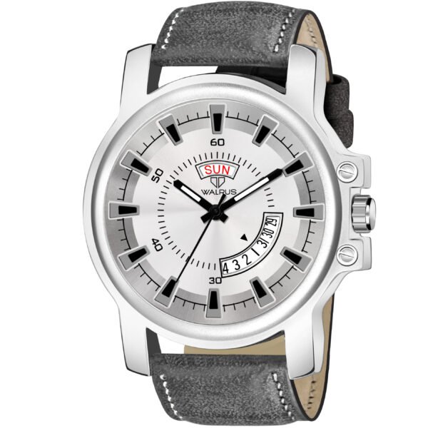 Walrus Grey Dial Analog Day Date Function Leather Strap Wrist Watch For Men