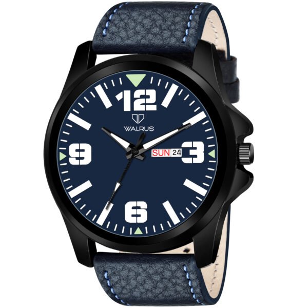 Walrus Blue Dial Analog Day Date Function Leather Strap Wrist Watch For Men