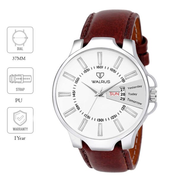Walrus White Dial Analog Day Date Function Leather Strap Wrist Watch For Men