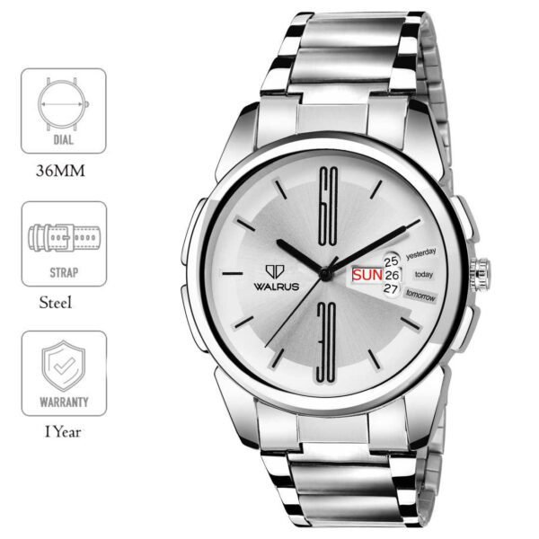 Walrus Silver Dial Analog Day Date Function Metal Chain Wrist Watch For Men With PUSH Button Lock
