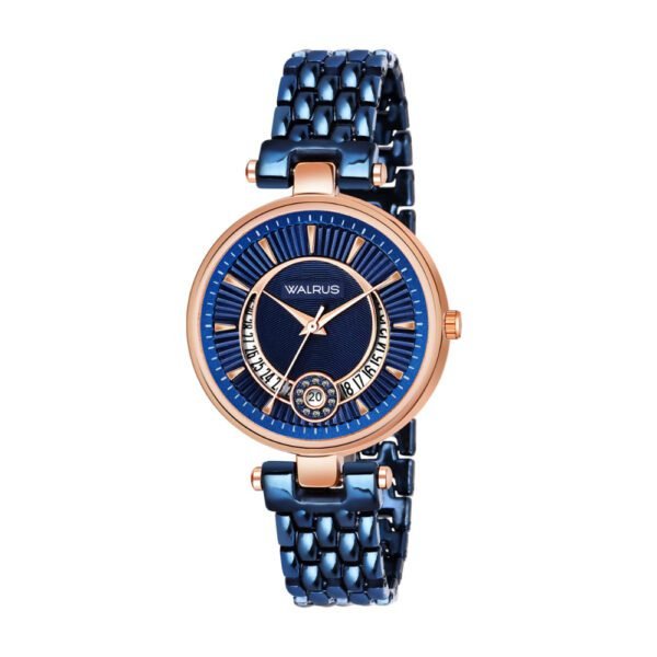 Walrus Blue Dial Analog Day & Date Function Metal Chain Wrist Watch For Women